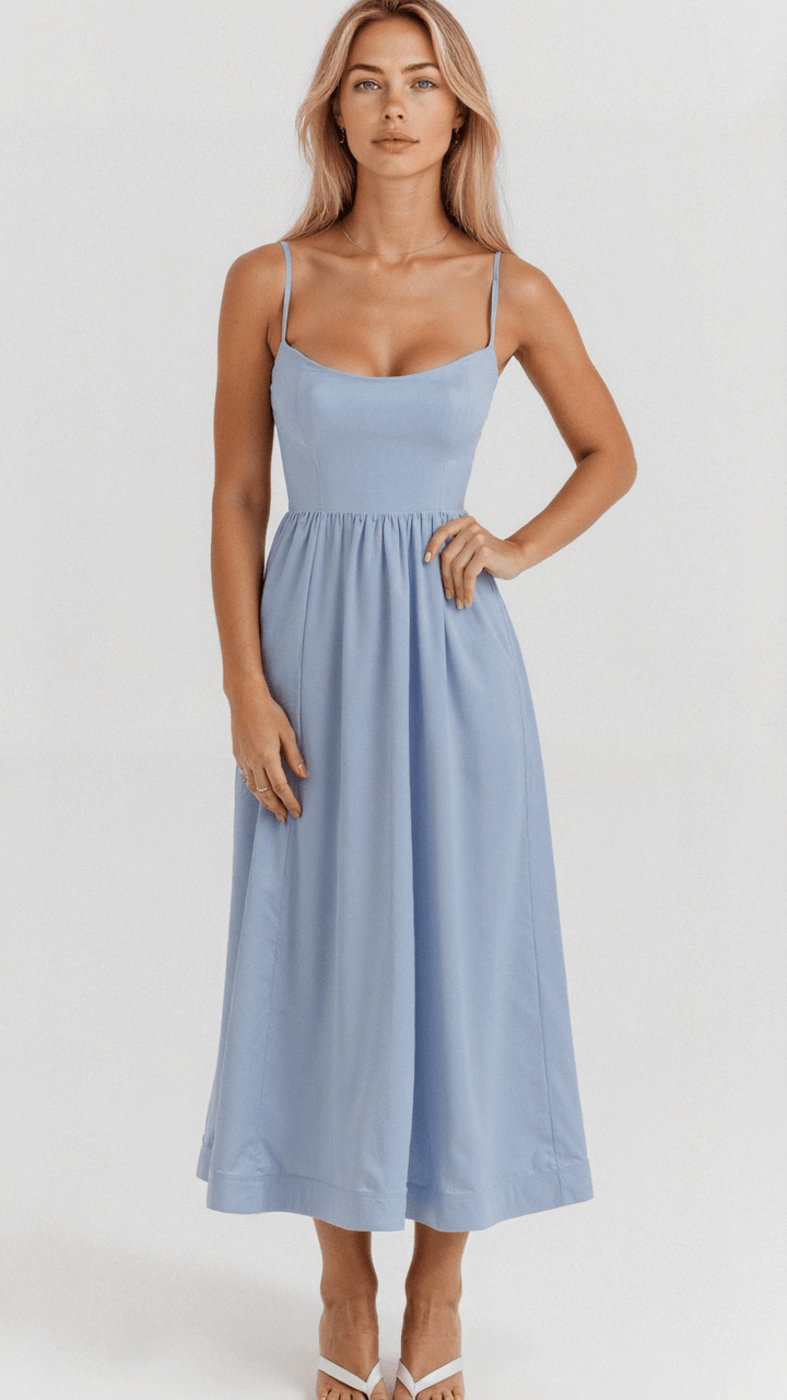 Women's Midi Dress - Spaghetti Strap Scoop Neck Gathered A-Line Skirt
