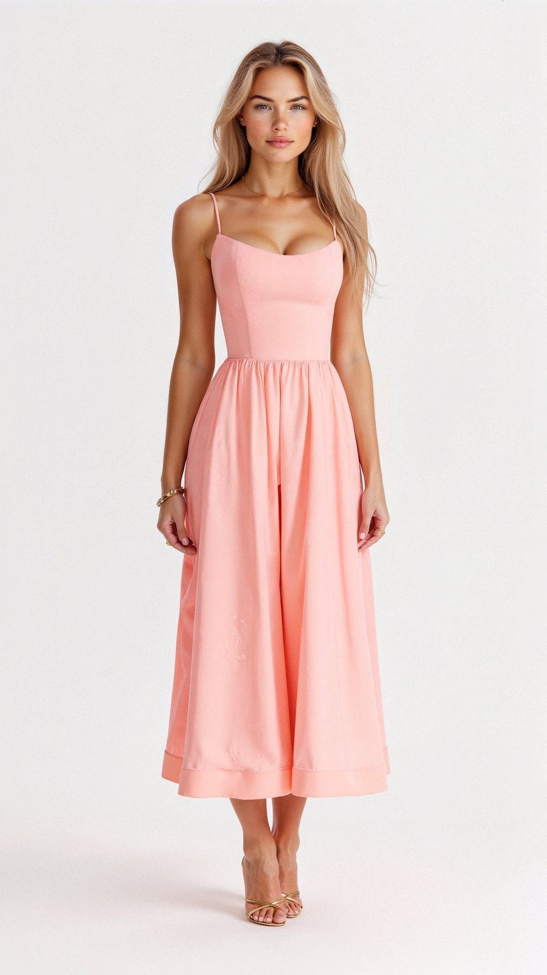 Women's Midi Dress - Spaghetti Strap Scoop Neck Gathered A-Line Skirt