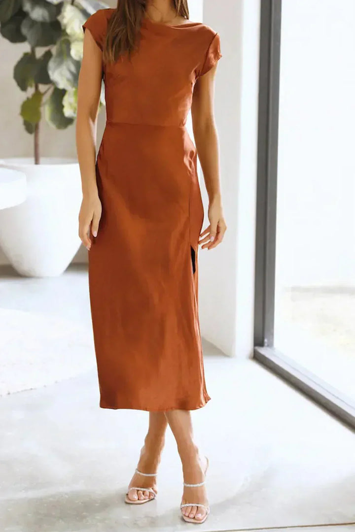 Women's Cap Sleeve Boat Neck Midi Dress - Side Slit Detail