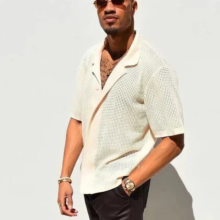 Men’s Cream Short Sleeve Knit Button Down Shirt with Perforated Design and Open Collar