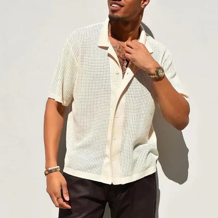 Men’s Cream Short Sleeve Knit Button Down Shirt with Perforated Design and Open Collar