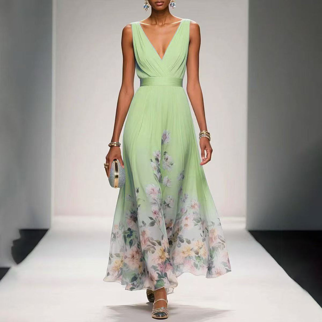 Women's Floral Border Print Sleeveless Maxi Dress - V-Neck