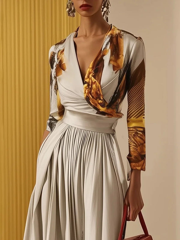 Women's Elegant Abstract Print Deep V-Neck Long Sleeve Wrap Bodice Wide-Leg Jumpsuit for Evening Occasions