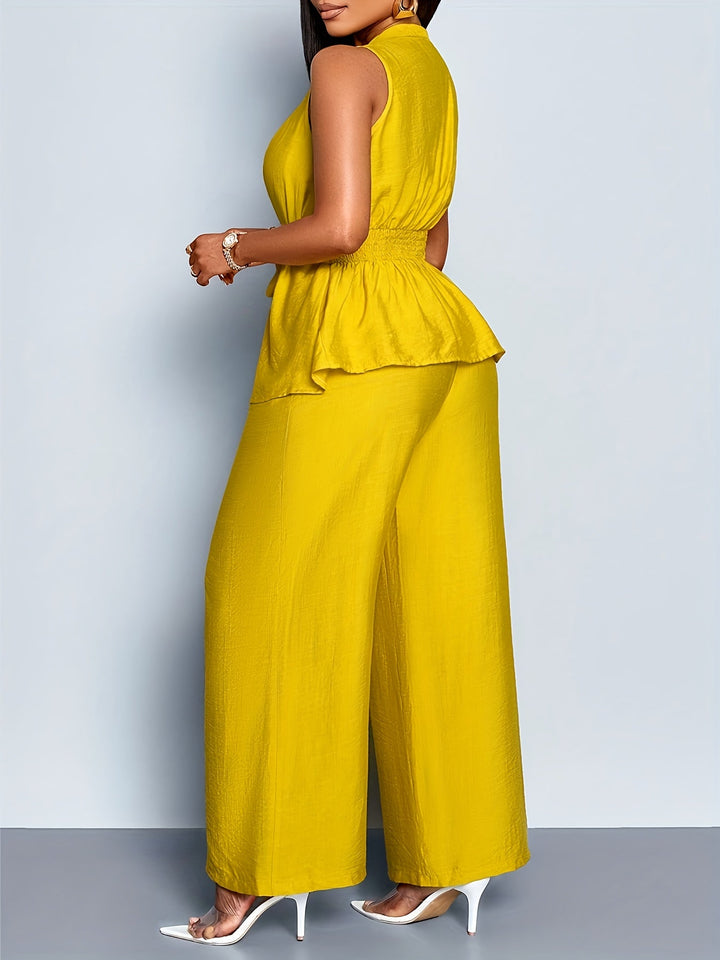 Women's Tailored V-Neck Top - Wide Leg Trousers Two Piece Set