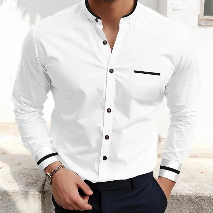 Men's Long-Sleeve Grandad Collar Shirt - Contrast Trim Chest Pocket