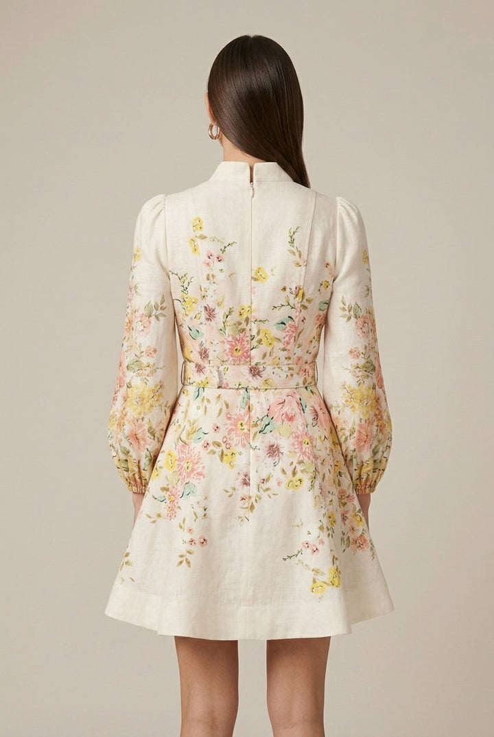 Women's Floral Print Mini Dress - Long Puff Sleeves - Ruched Bust