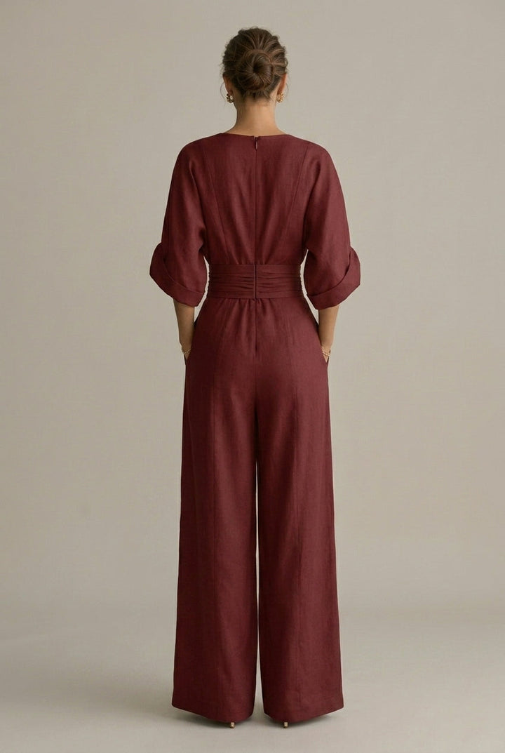 Women's V-Neck Wrap Front Wide Leg Jumpsuit - Three Quarter Sleeve