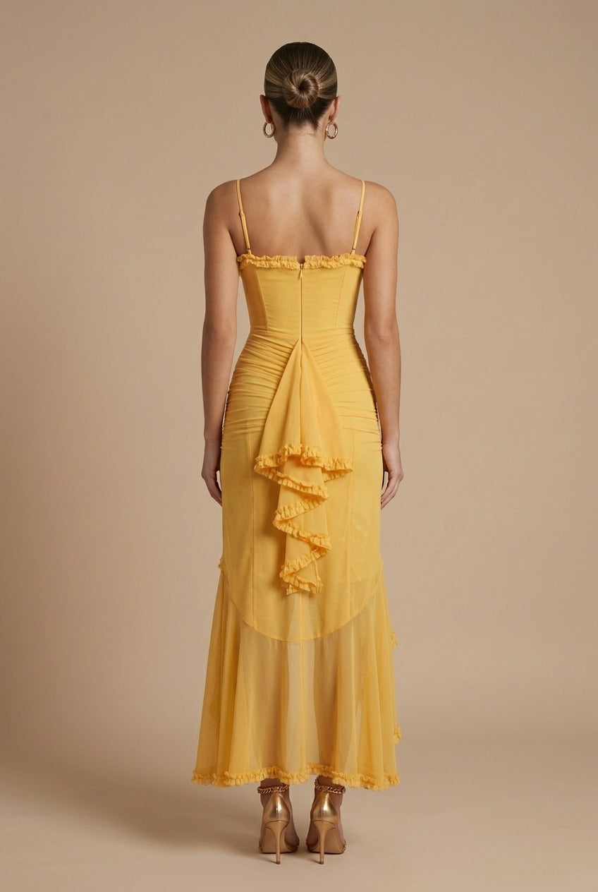 Women's Ruched Spaghetti Strap Maxi Dress - Ruffle Trim Detail