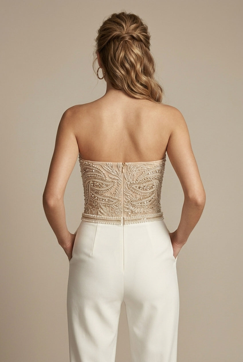 Women's Dressy Jumpsuit - Strapless Sweetheart Neck - Sequin Embellished Bodice - Straight Leg