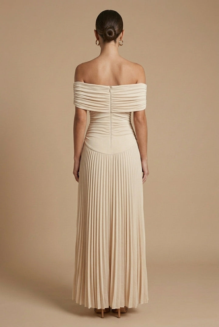 Women's Pleated Maxi Dress - Off Shoulder Wedding Guest Style