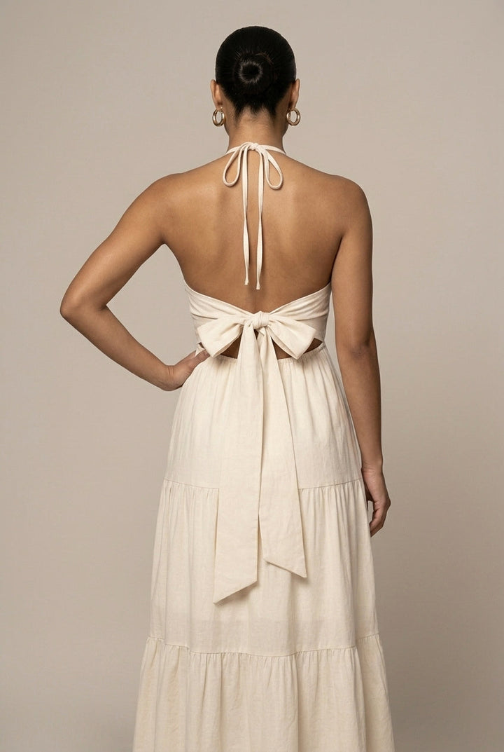 Women's Flowy Halter Neck Maxi Dress - Tiered Ruffle Open Back