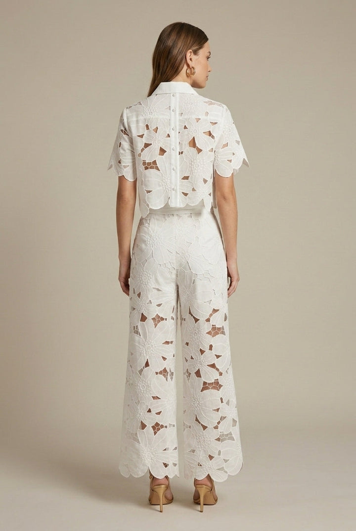 Women's Elegant Lace Two Piece Set - Cape Overlay Crop Top and Wide-Leg Trousers