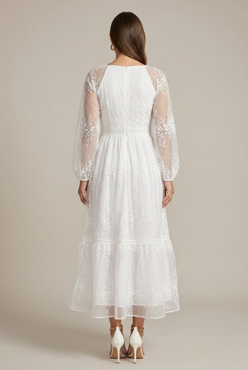 Women's V-Neck Long Sleeve Embroidered Lace Tiered Maxi Dress