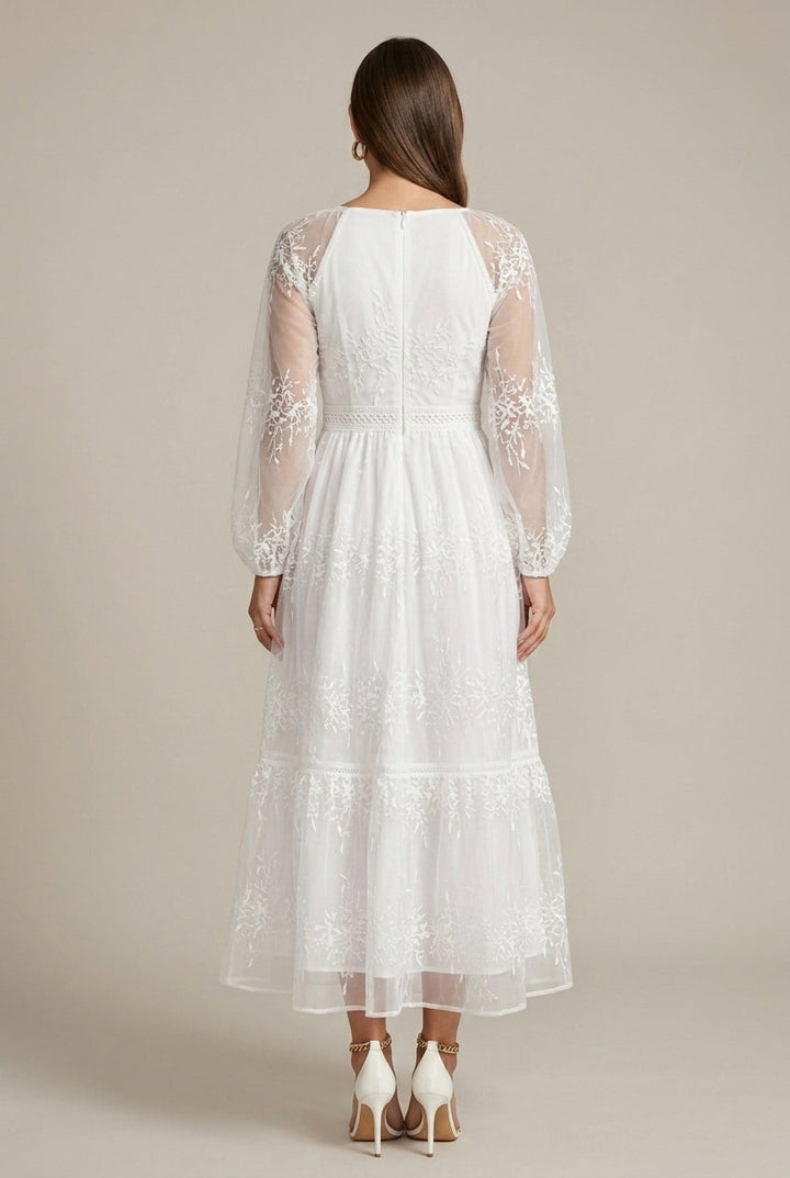 Women's V-Neck Long Sleeve Embroidered Lace Tiered Maxi Dress