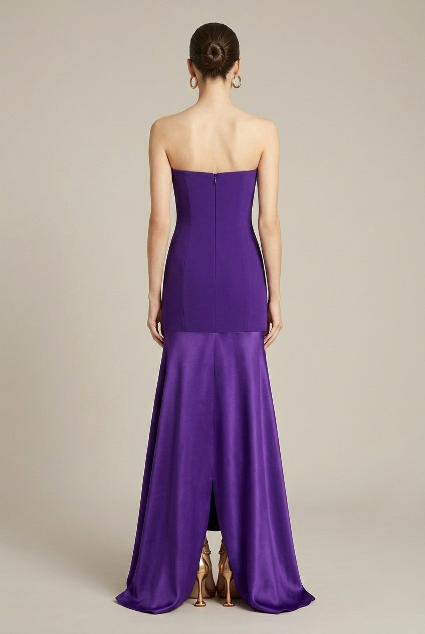 Women's Purple Strapless Drop Waist Satin Maxi Dress - Evening Gown