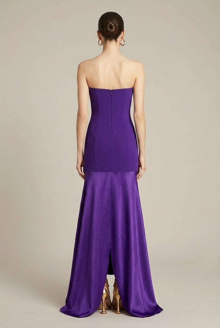 Women's Purple Strapless Drop Waist Satin Maxi Dress - Evening Gown