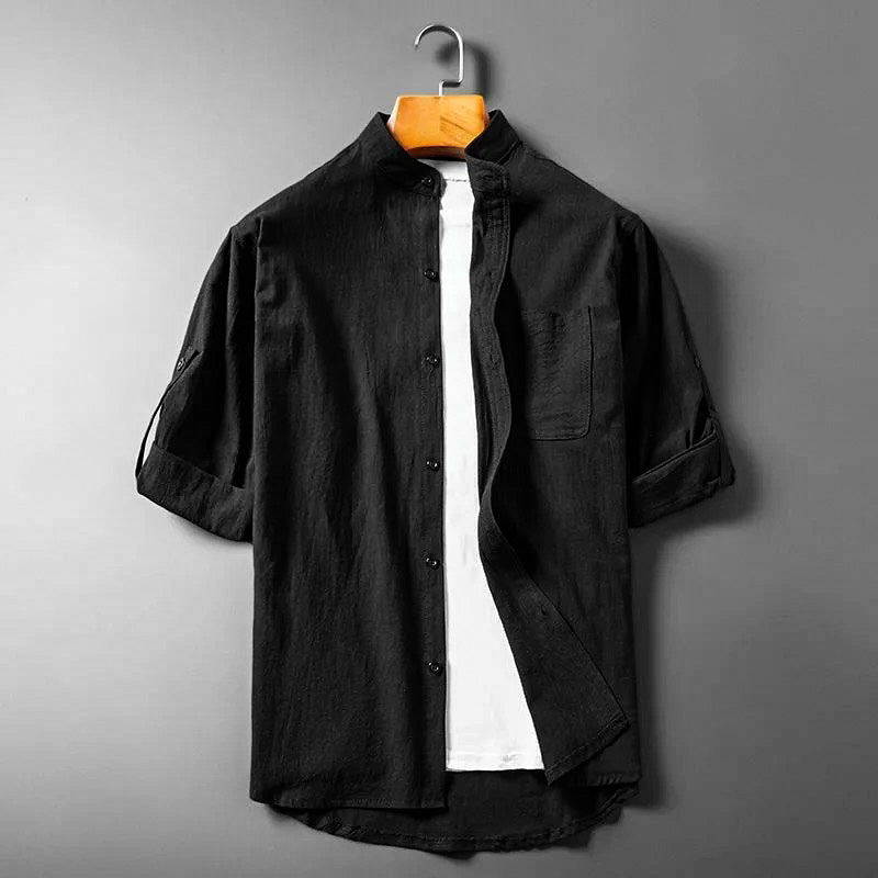 Men's Long-Sleeve Linen Blend Shirt - Band Collar Button-Down Chest Pocket Casual Style