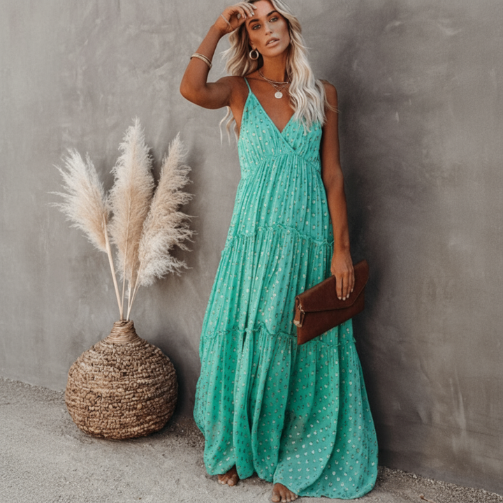 Women’s Sleeveless V-Neck Tiered Maxi Dress with Spaghetti Straps and Back Tie Detail
