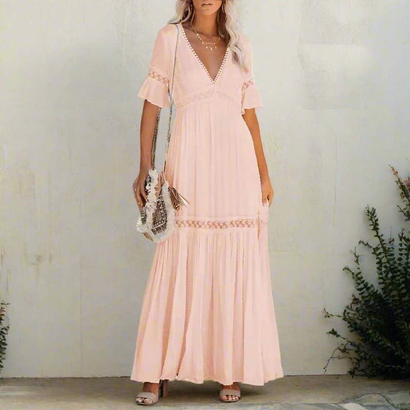 Women's Lace Flutter Sleeve Maxi Dress - Deep V-Neck with Lace Trim Panels and Scalloped Hem