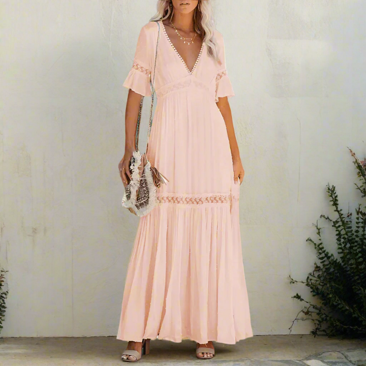 Women's Lace Flutter Sleeve Maxi Dress - Deep V-Neck with Lace Trim Panels and Scalloped Hem