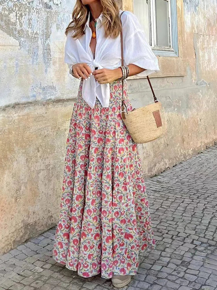 Floral A-Line Boho Chic Maxi Skirt – High Waist