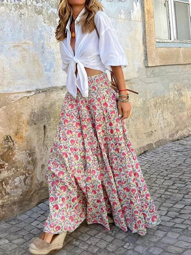 Floral A-Line Boho Chic Maxi Skirt – High Waist