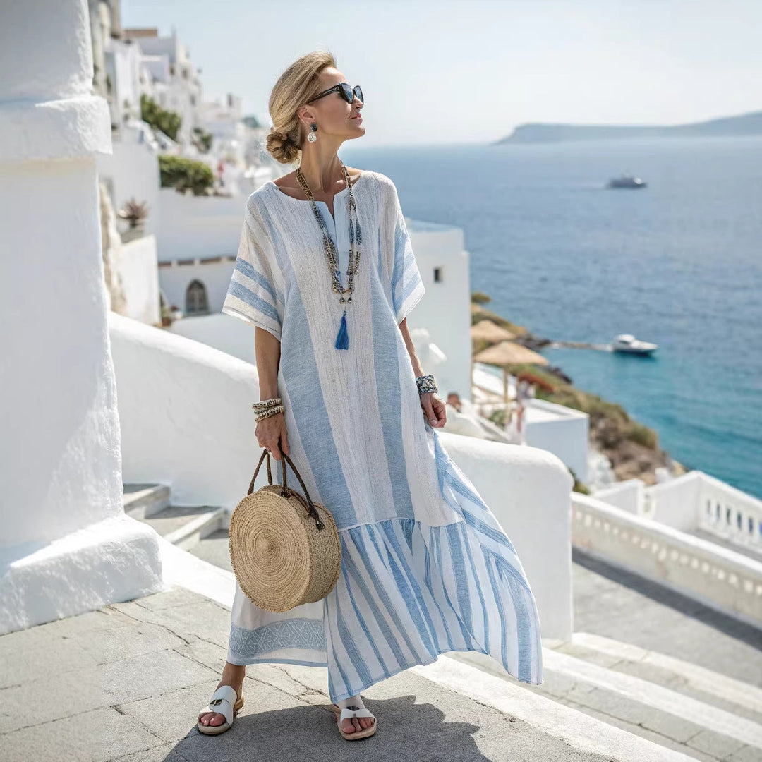 Women's Boho Maxi Dress - V-Neck Wide Sleeve Kaftan with Stripe Trim
