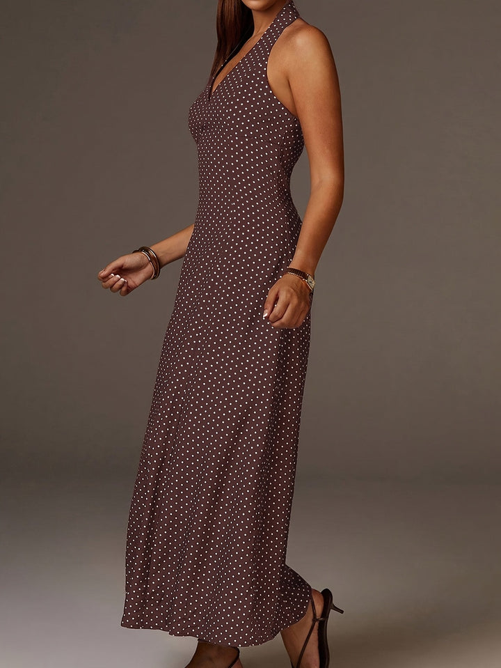 Women's Coffee Polka Dot Maxi Dress - Halter Neck Deep V Smocked Bodice