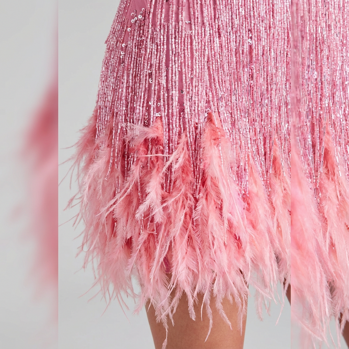 Aimee | Women’s Sequin Mini Party Dress with Feather Accents