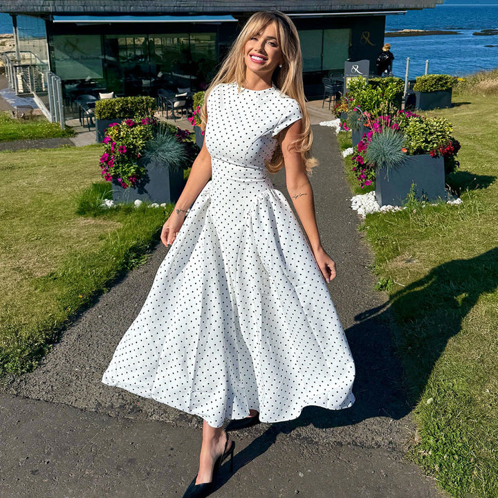 Women's Polka Dot Maxi Dress - High Neck Cap Sleeve