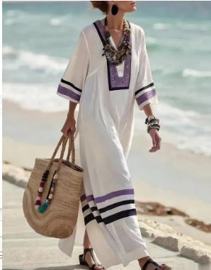 Women's Boho Maxi Dress - V-Neck Wide Sleeve Kaftan with Stripe Trim
