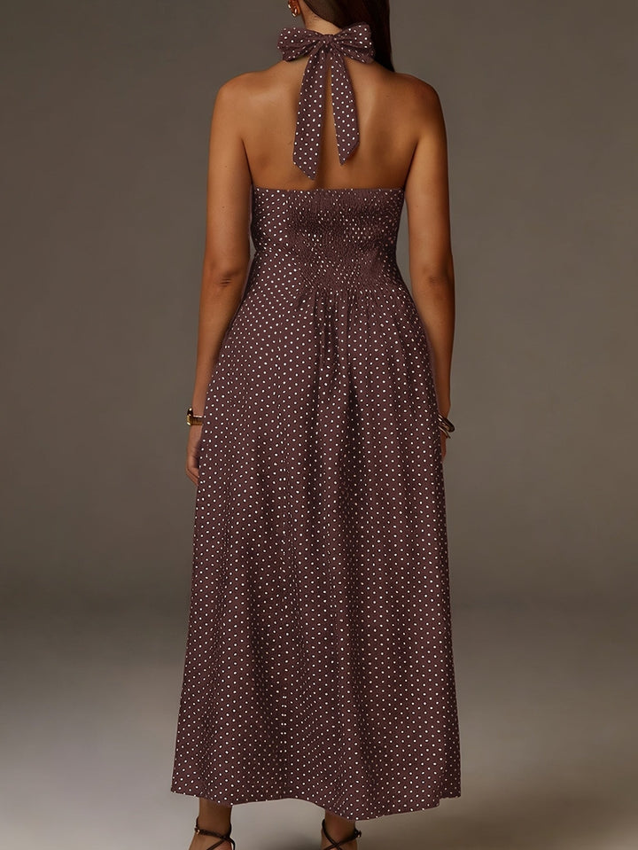 Women's Coffee Polka Dot Maxi Dress - Halter Neck Deep V Smocked Bodice