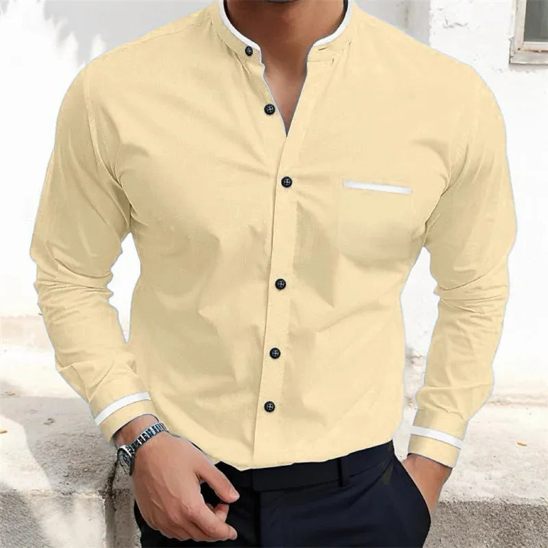 Men's Long-Sleeve Grandad Collar Shirt - Contrast Trim Chest Pocket