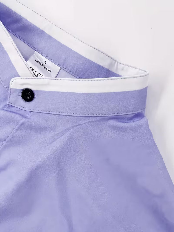 Men's Long-Sleeve Grandad Collar Shirt - Contrast Trim Chest Pocket
