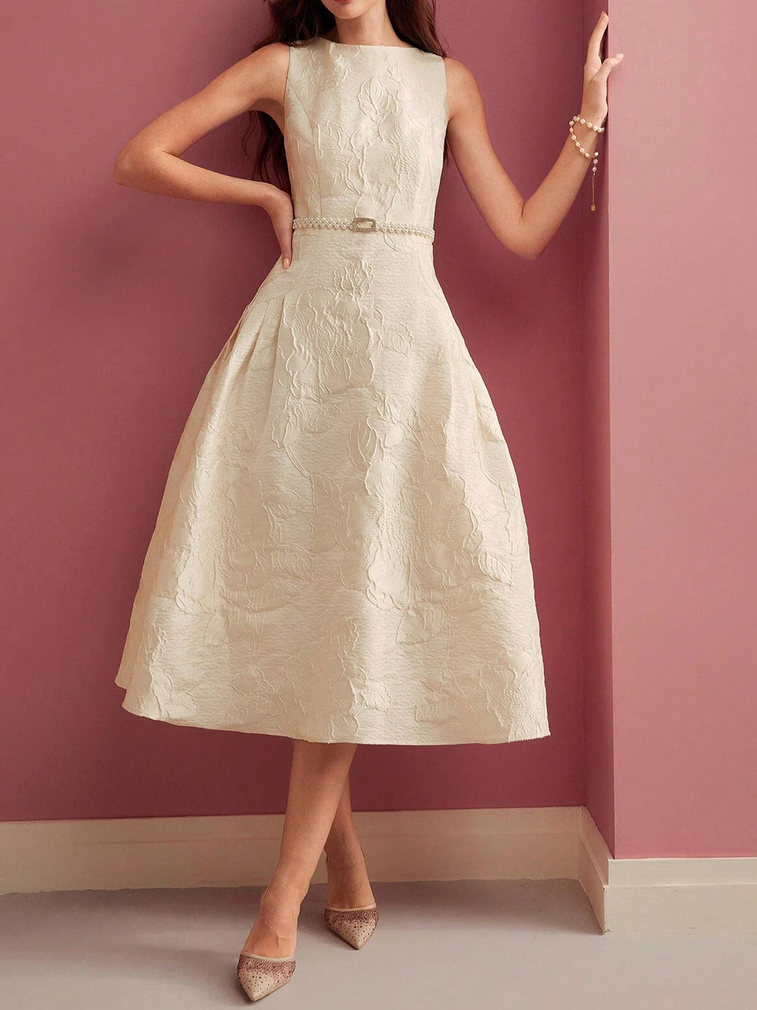 Women's Jacquard Floral A-Line Midi Dress - Boat Neck
