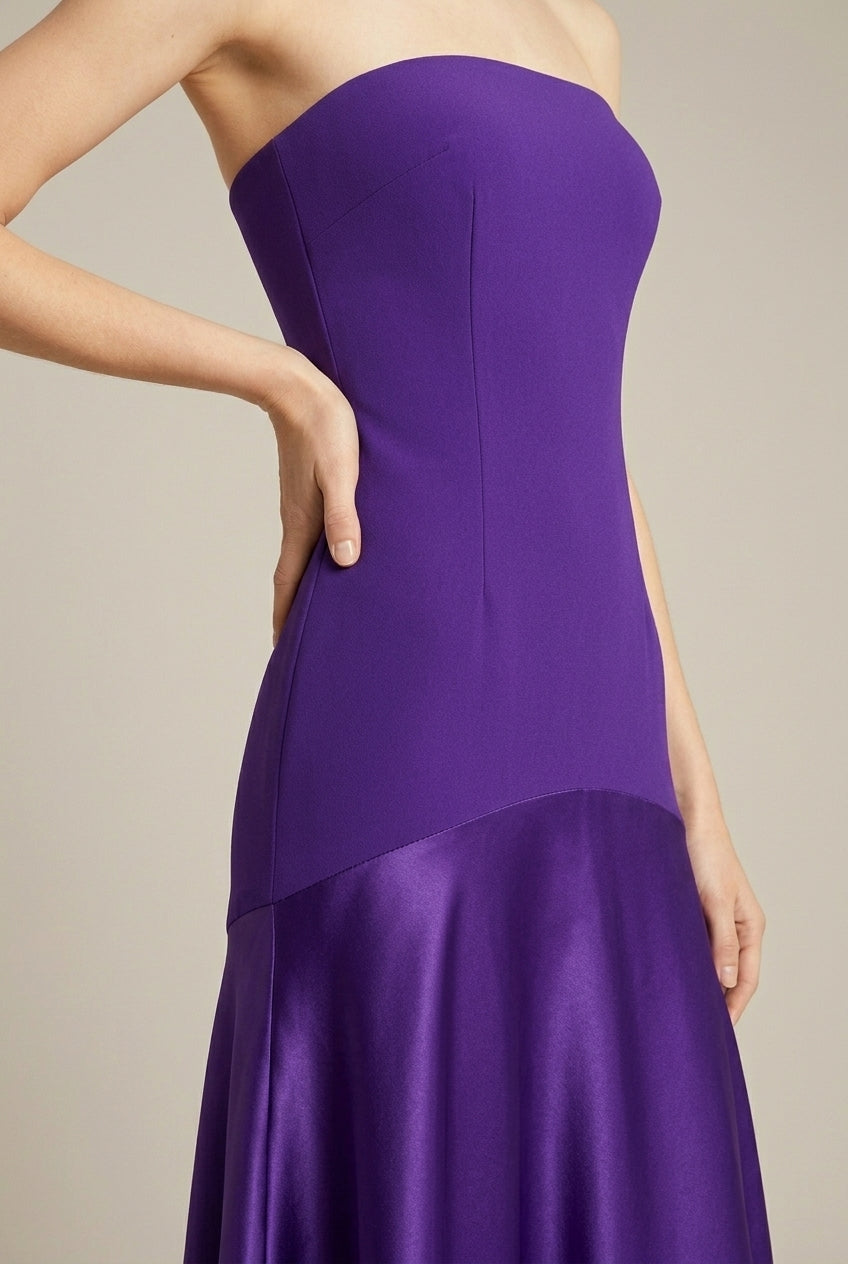 Women's Purple Strapless Drop Waist Satin Maxi Dress - Evening Gown
