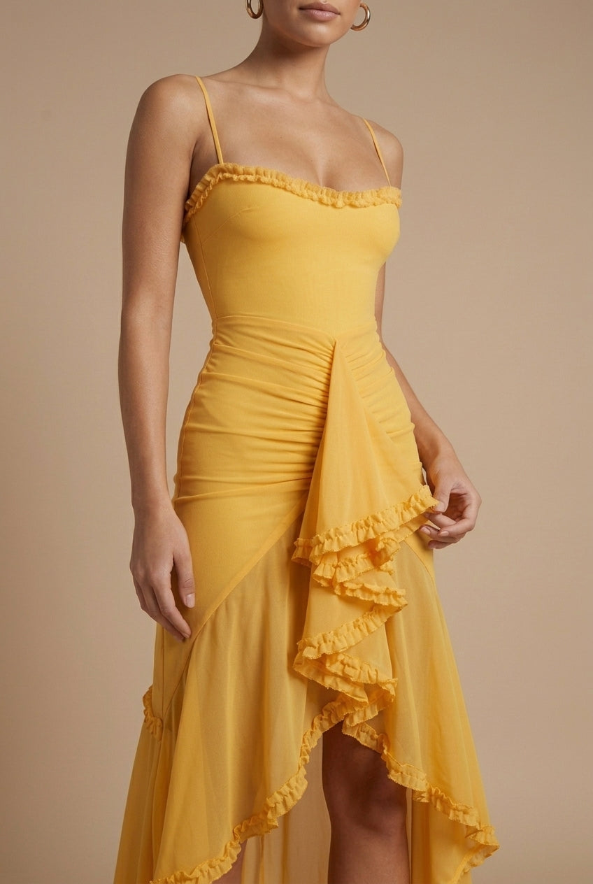 Women's Ruched Spaghetti Strap Maxi Dress - Ruffle Trim Detail