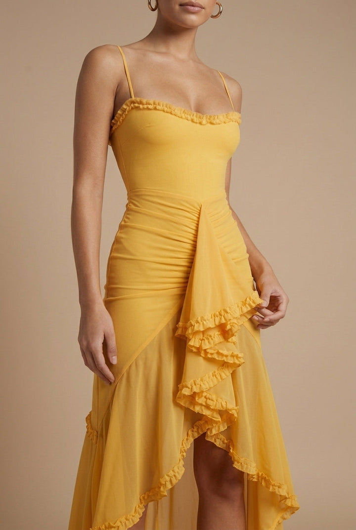 Women's Ruched Spaghetti Strap Maxi Dress - Ruffle Trim Detail