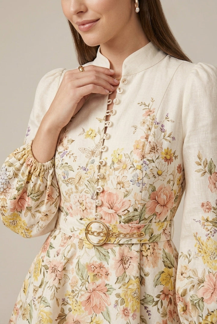Women's Floral Print Mini Dress - Long Puff Sleeves - Ruched Bust
