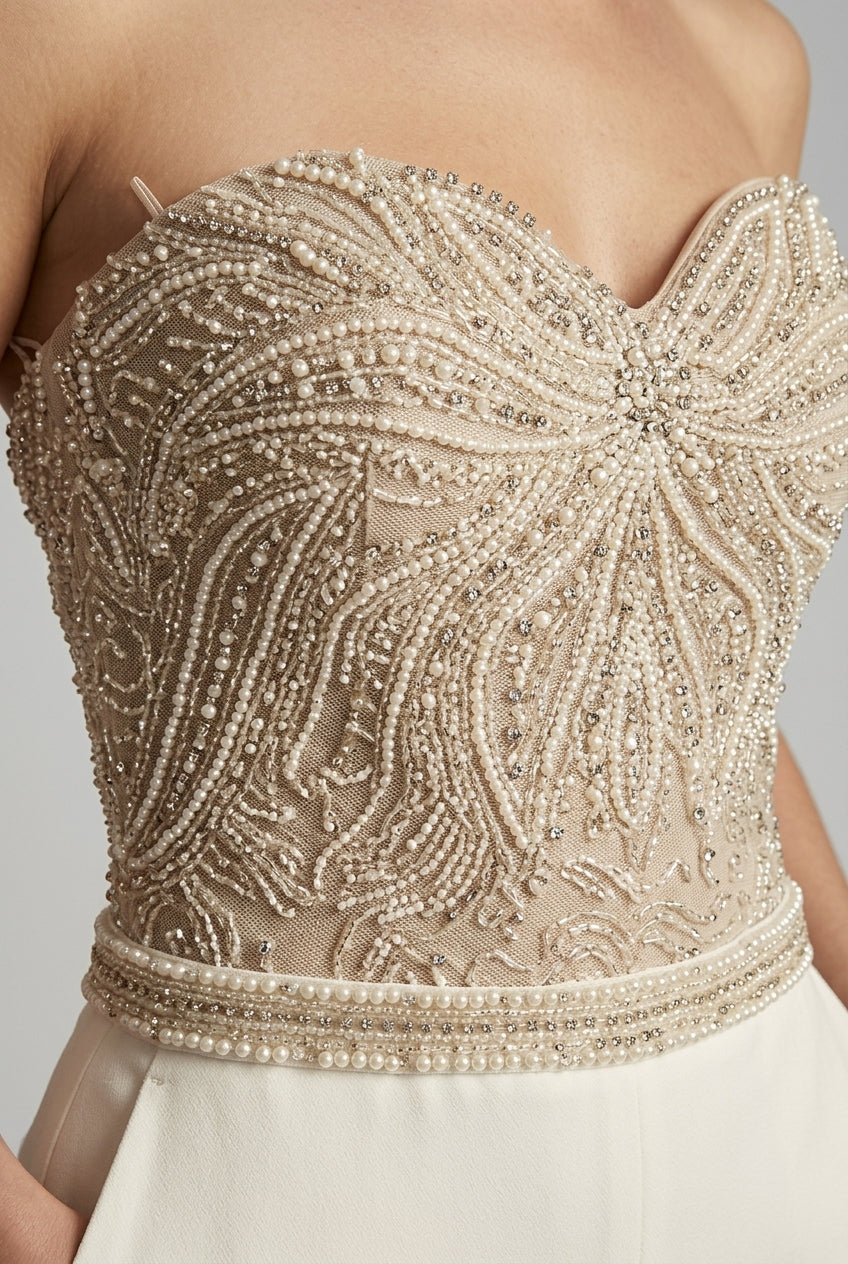 Women's Dressy Jumpsuit - Strapless Sweetheart Neck - Sequin Embellished Bodice - Straight Leg