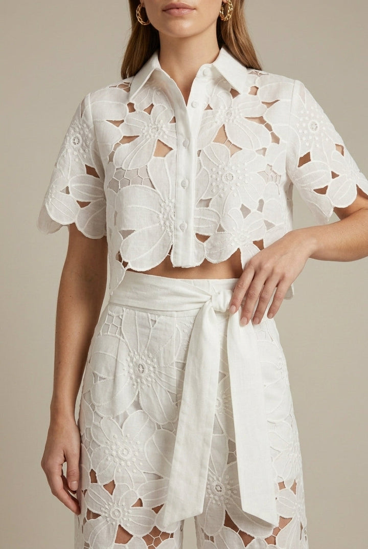 Women's Elegant Lace Two Piece Set - Cape Overlay Crop Top and Wide-Leg Trousers