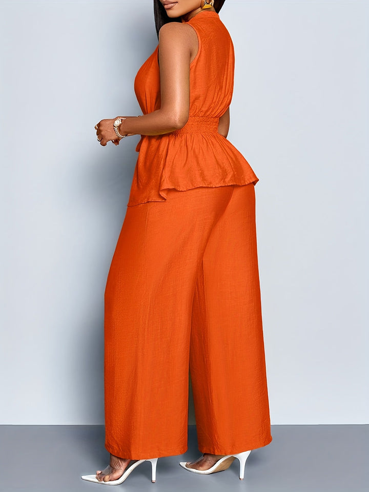 Women's Tailored V-Neck Top - Wide Leg Trousers Two Piece Set