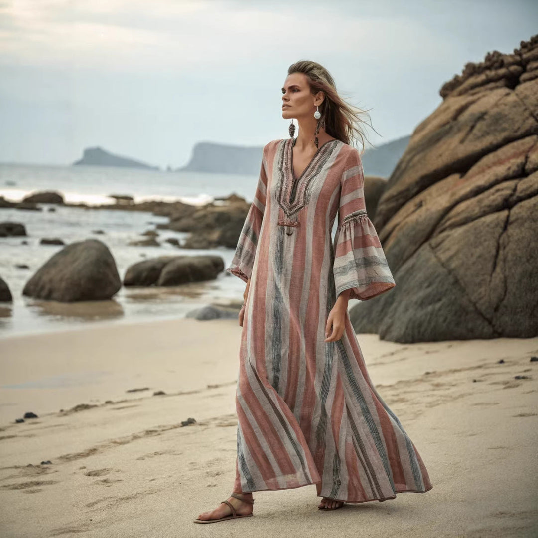 Women's Boho Maxi Dress - V-Neck Wide Sleeve Kaftan with Stripe Trim