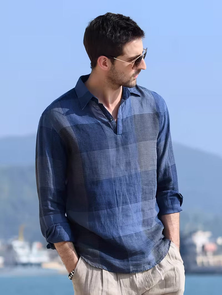 Men's Navy Blue Long-Sleeve Popover Shirt - Check Print Collar