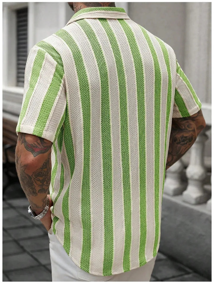 Men's Short Sleeve Striped Shirt - Casual Button Front Cotton Top