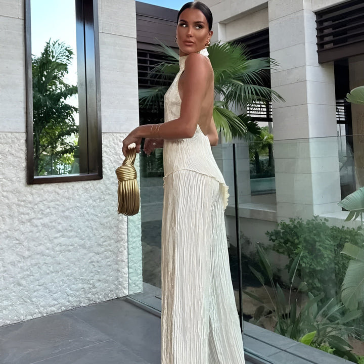 Women's Two Piece Set - Halter Neck Open Back Top - Wide Leg Trousers - Crinkle Texture - Going Out Sets
