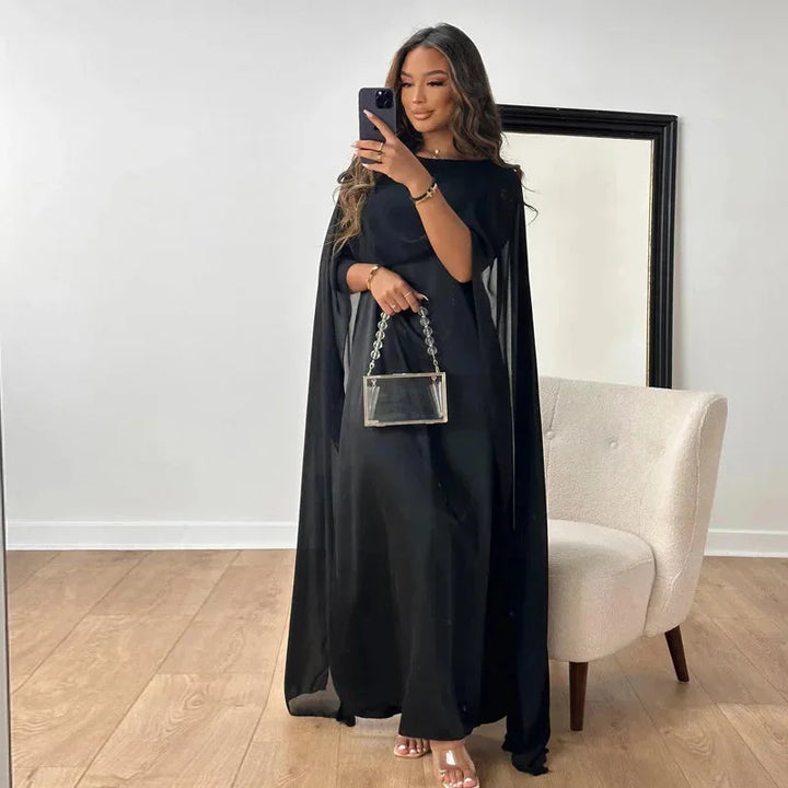 Women’s Maxi Dress with Round Neck and Cape Overlay Sleeves
