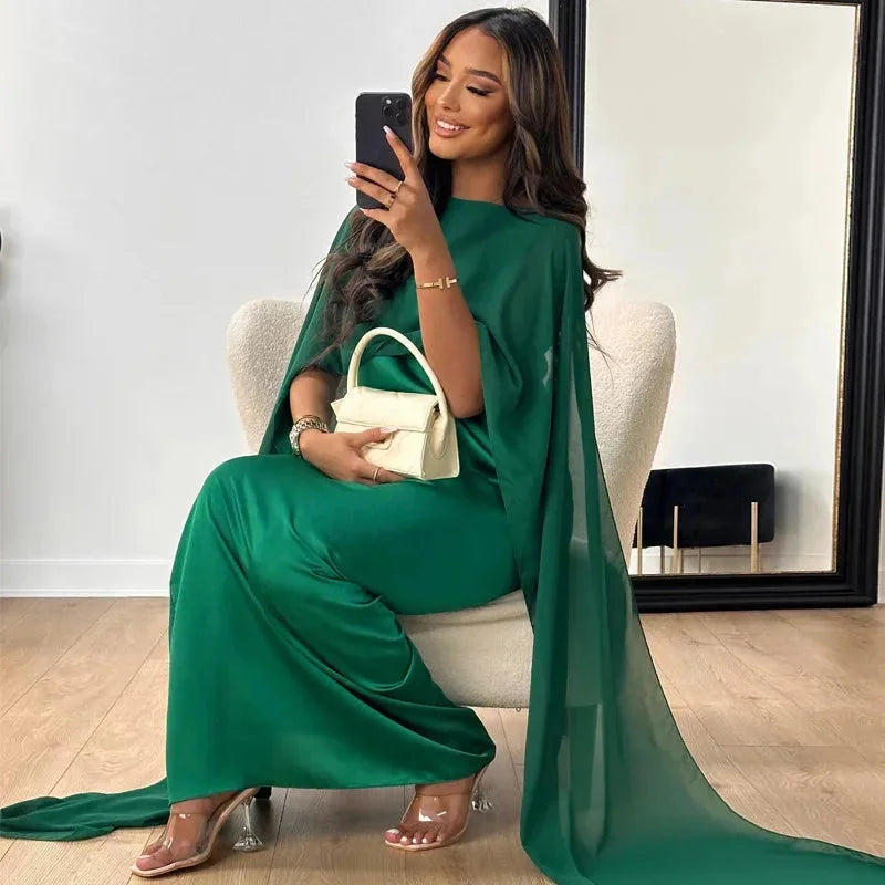 Women’s Maxi Dress with Round Neck and Cape Overlay Sleeves