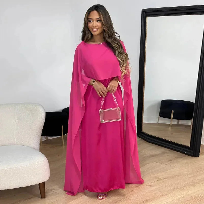 Women’s Maxi Dress with Round Neck and Cape Overlay Sleeves