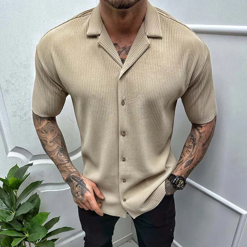 Men's Short Sleeve Button Up Shirt - Camp Collar Ribbed Knit